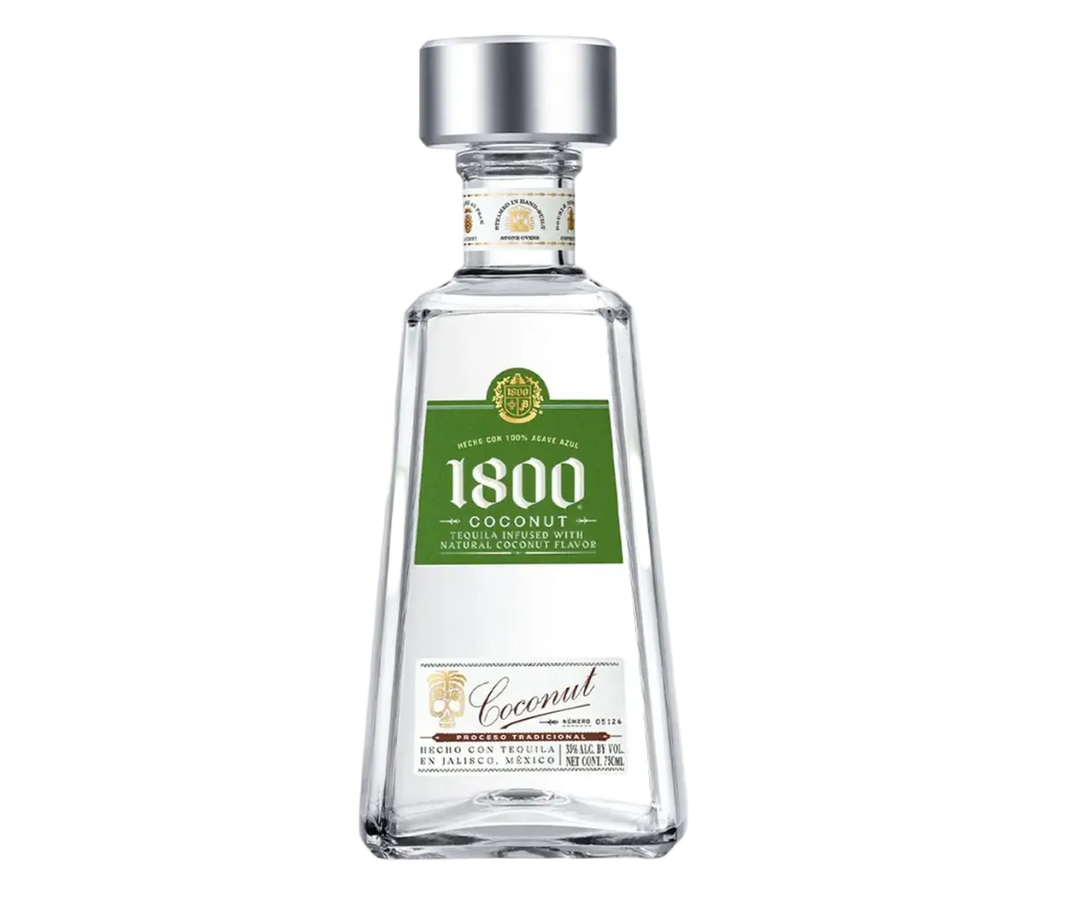 1800 Coconut Tequila 750 ml bottle with frosted glass and palm tree design