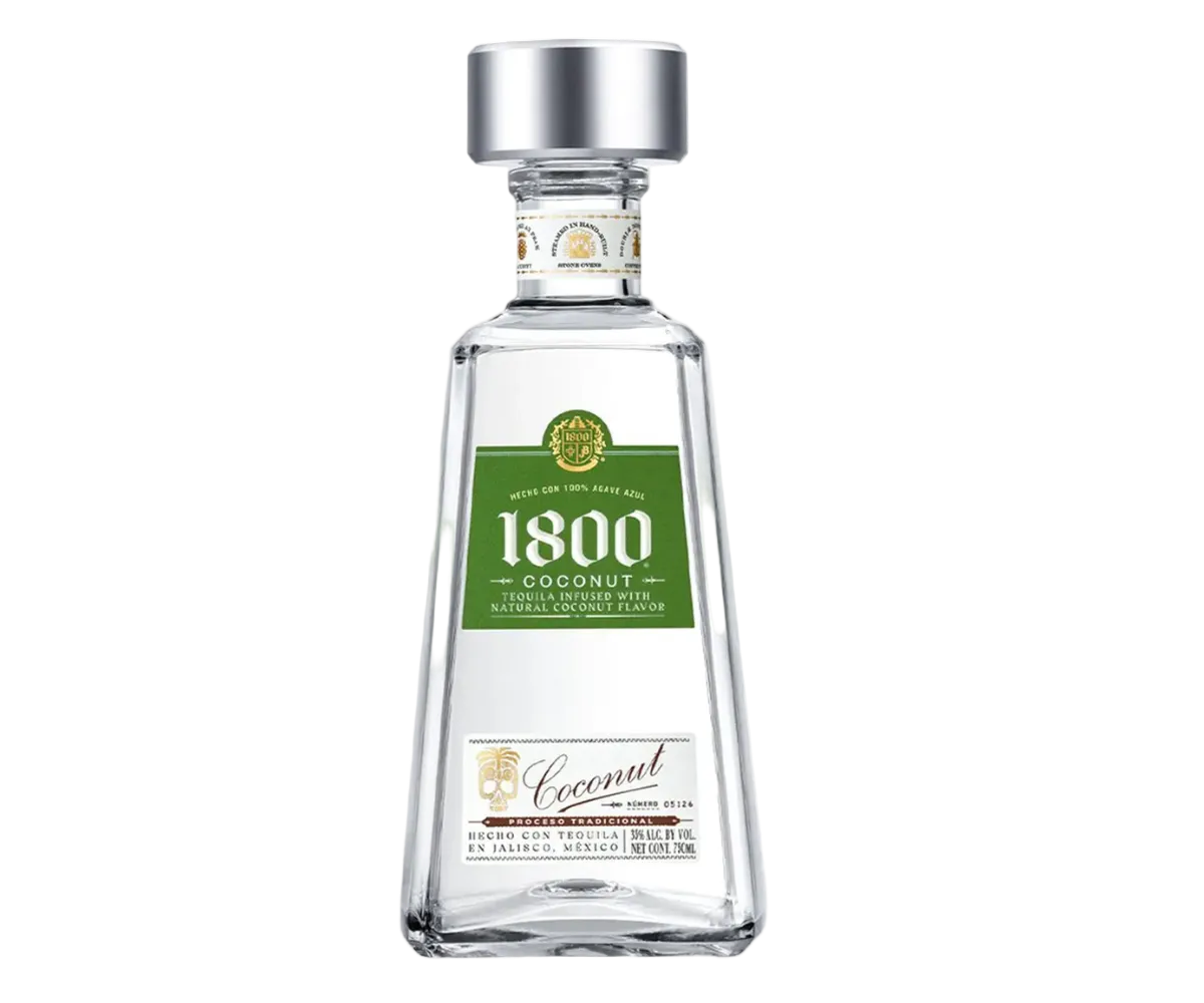 1800 Coconut Tequila 750 ml bottle with frosted glass and palm tree design