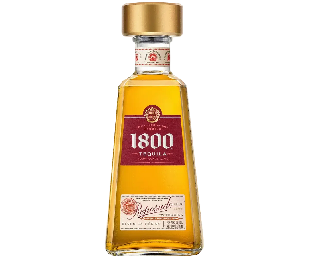 1800 Reposado Tequila 750ml bottle with golden amber color and signature trapezoid glass design