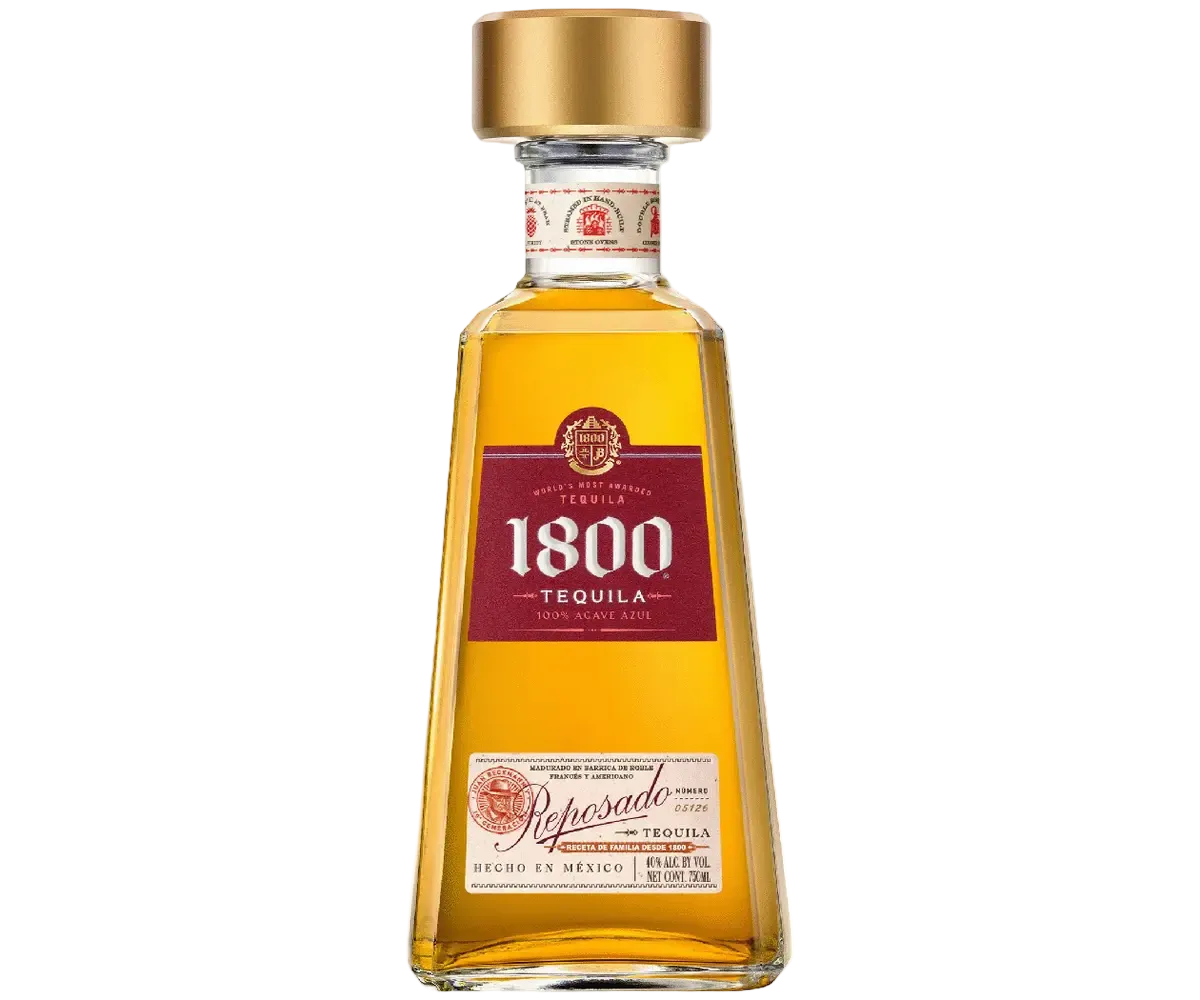 1800 Reposado Tequila 750ml bottle with golden amber color and signature trapezoid glass design