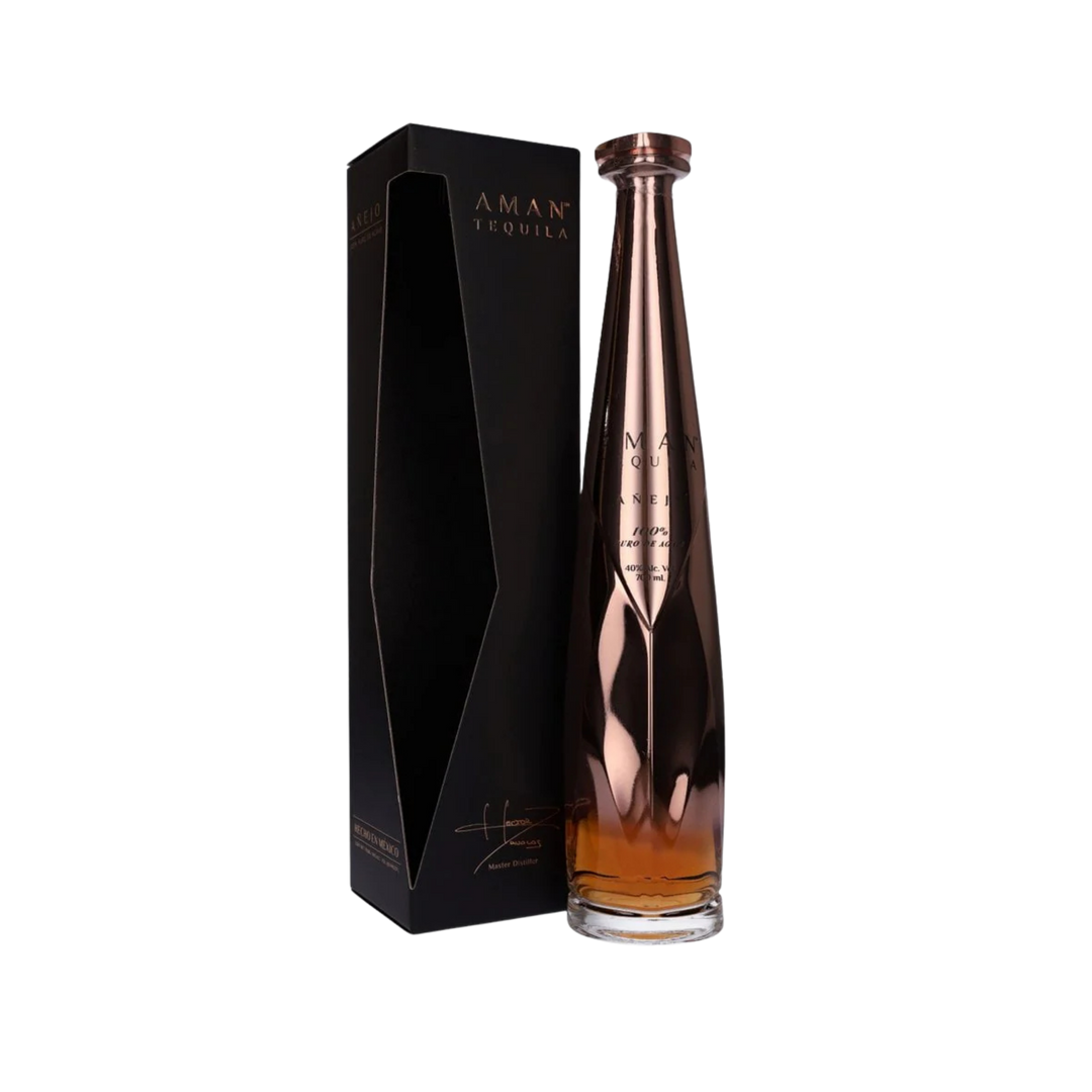 Buy Aman Tequila El Profesor Añejo with amber tequila color and premium handcrafted design."