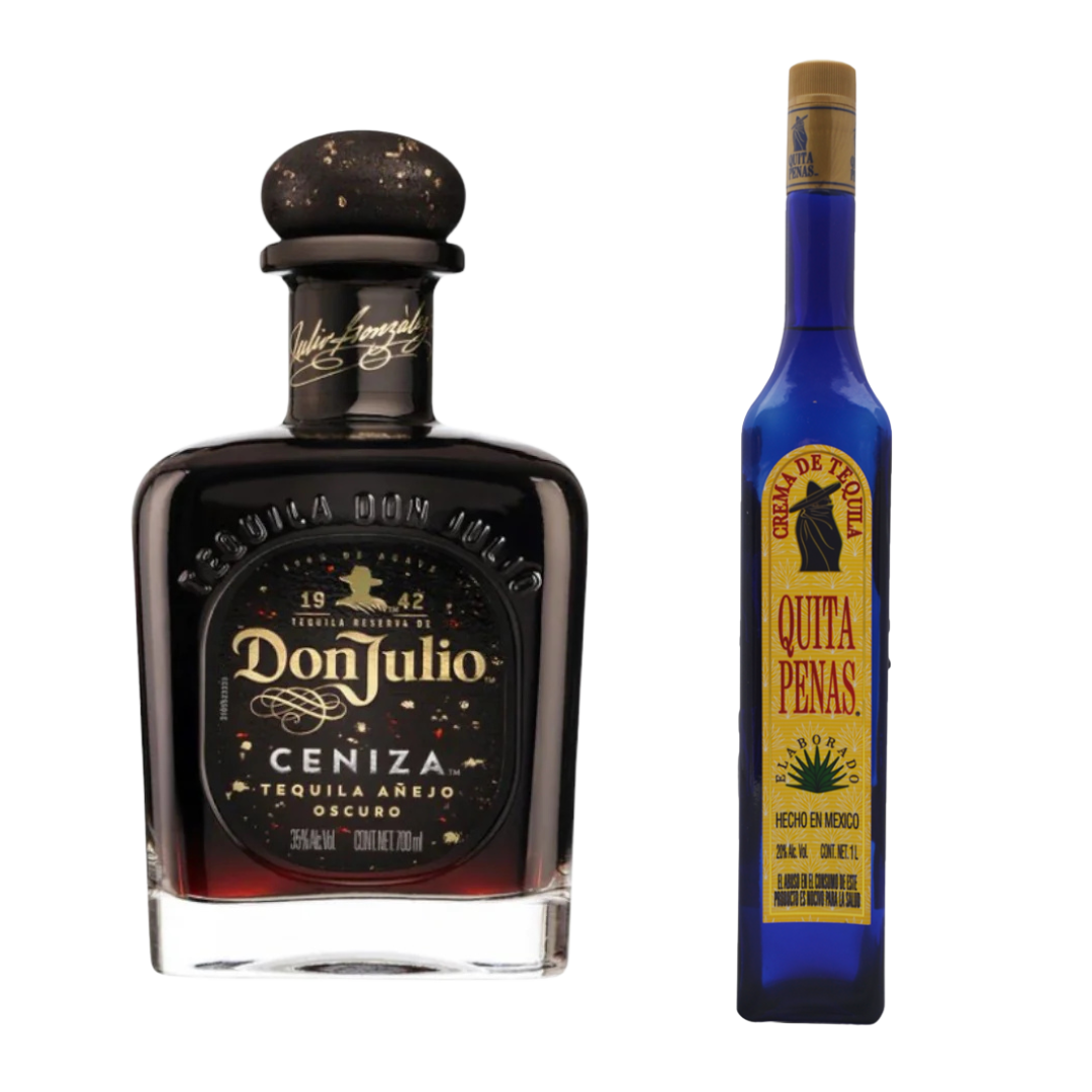 "Luxury tequila duo Don Julio Ceniza and Quita Penas displayed together on wooden bar"