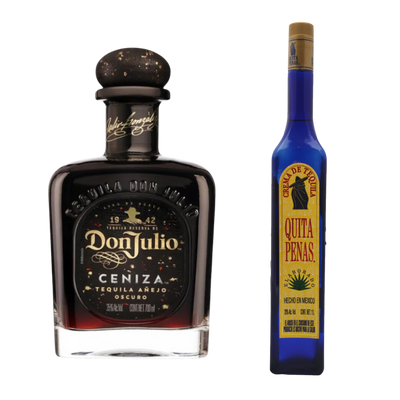 "Luxury tequila duo Don Julio Ceniza and Quita Penas displayed together on wooden bar"