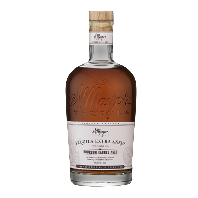 “El Mayor Extra Añejo Bourbon Barrel Aged Tequila bottle with amber color and premium packaging”