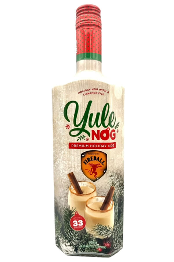 “Fireball Yule EggNog bottle with cinnamon whisky holiday design”