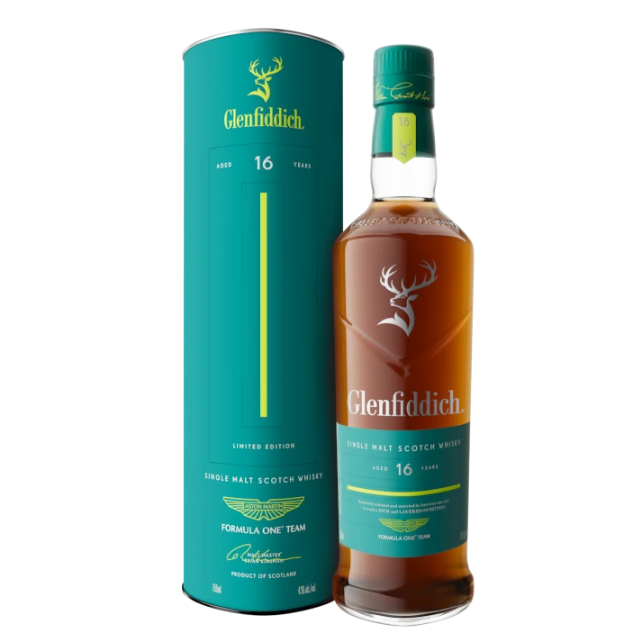 Glenfiddich 16-year-old whisky bottle and packaging on a white background