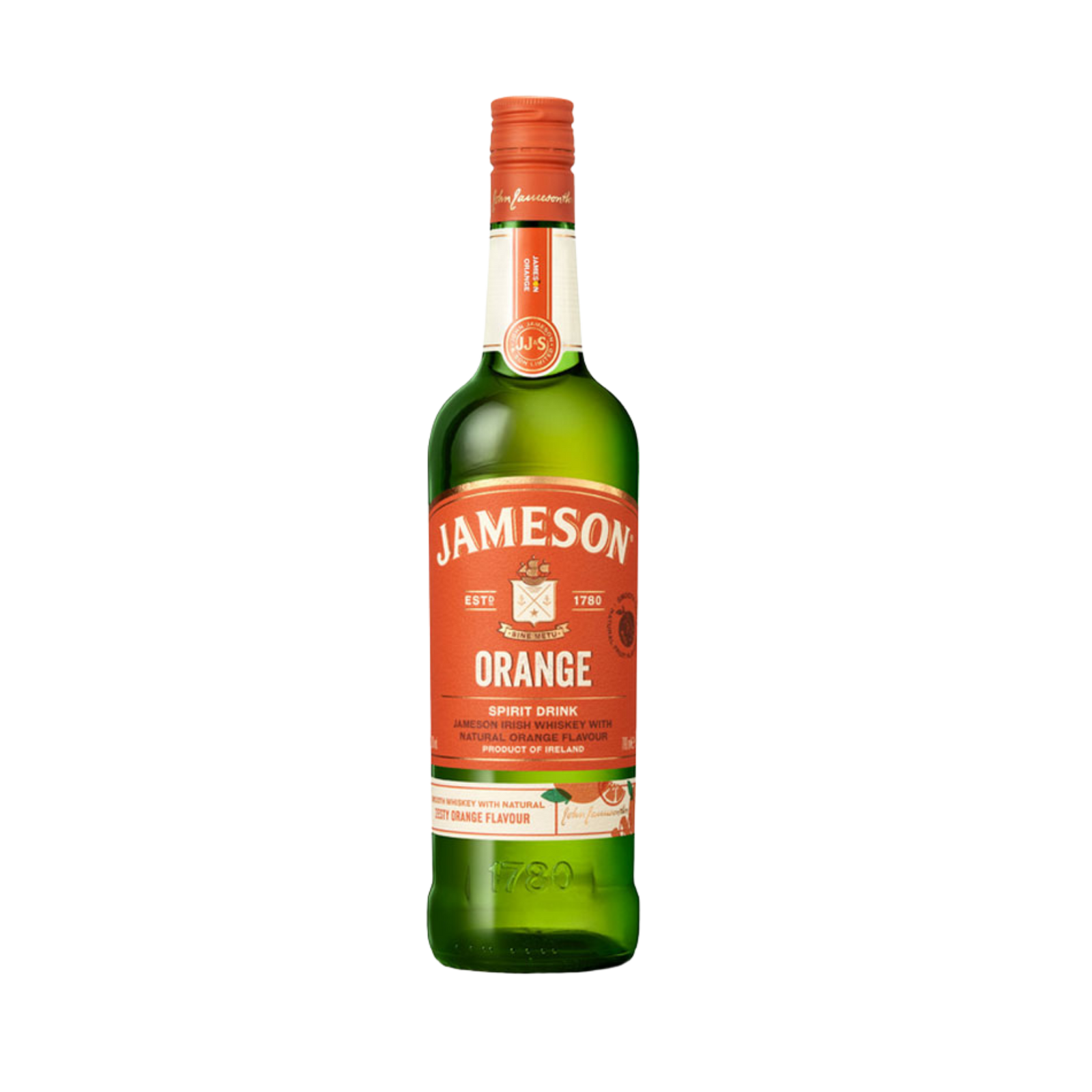 “Jameson Orange Whiskey 750ml bottle with citrus-infused Irish whiskey label”