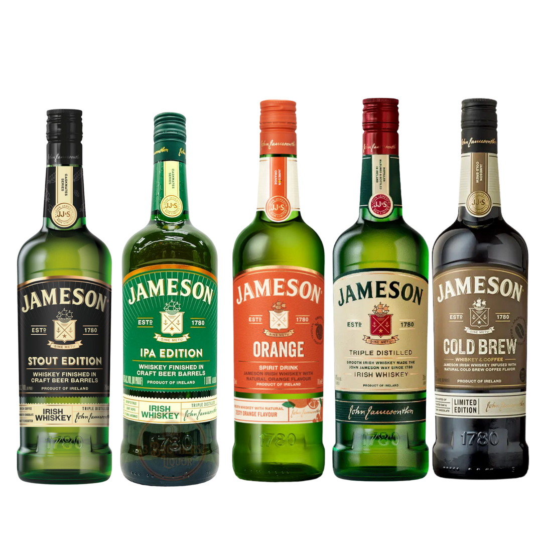 “Jameson Whiskey Bundle featuring Cold Brew, Stout Edition, IPA Edition, Orange, and Original Irish Whiskey bottles.”