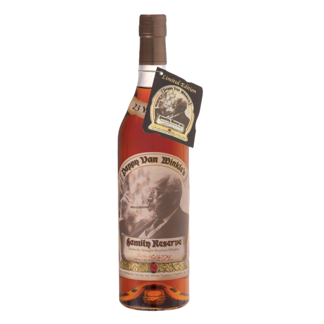 “Bottle of Pappy Van Winkle’s Family Reserve 23 Year bourbon whiskey with detailed label and aged amber color.”