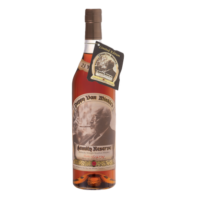 “Bottle of Pappy Van Winkle’s Family Reserve 23 Year bourbon whiskey with detailed label and aged amber color.”