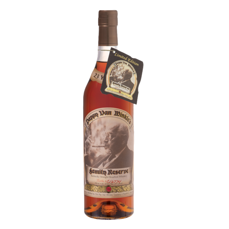 “Bottle of Pappy Van Winkle’s Family Reserve 23 Year bourbon whiskey with detailed label and aged amber color.”