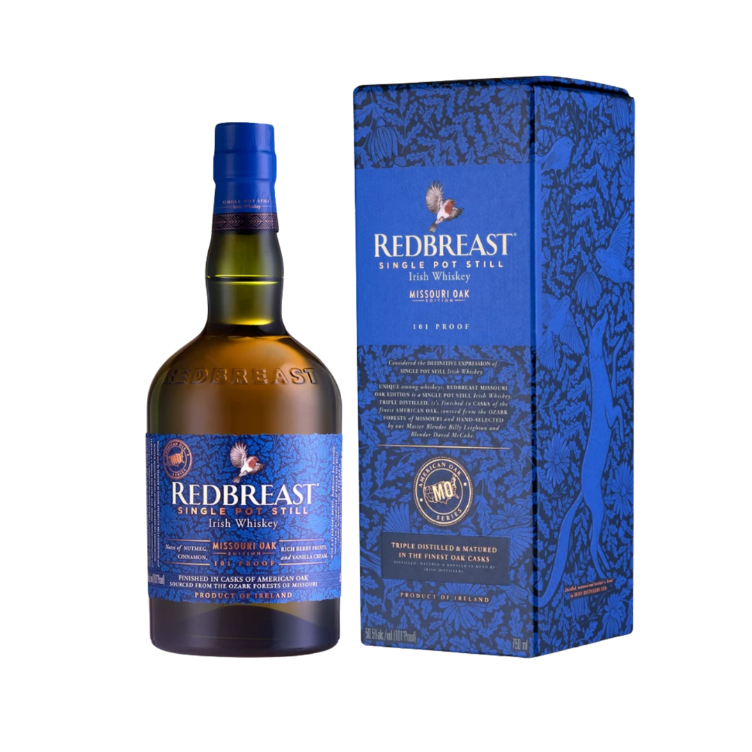 "Redbreast Missouri Oak Edition Irish Whiskey bottle – limited edition Single Pot Still Irish Whiskey finished in Missouri Oak casks."