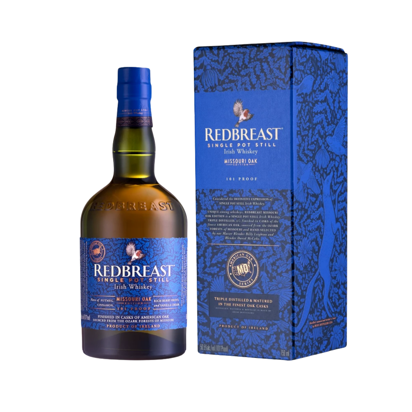"Redbreast Missouri Oak Edition Irish Whiskey bottle – limited edition Single Pot Still Irish Whiskey finished in Missouri Oak casks."