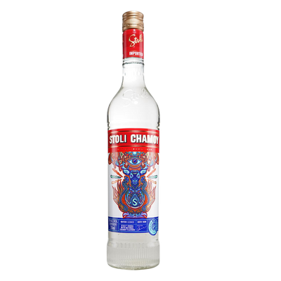 "Stoli Chamoy Vodka 7 bottle with vibrant red chamoy-inspired label and premium flavored vodka branding."