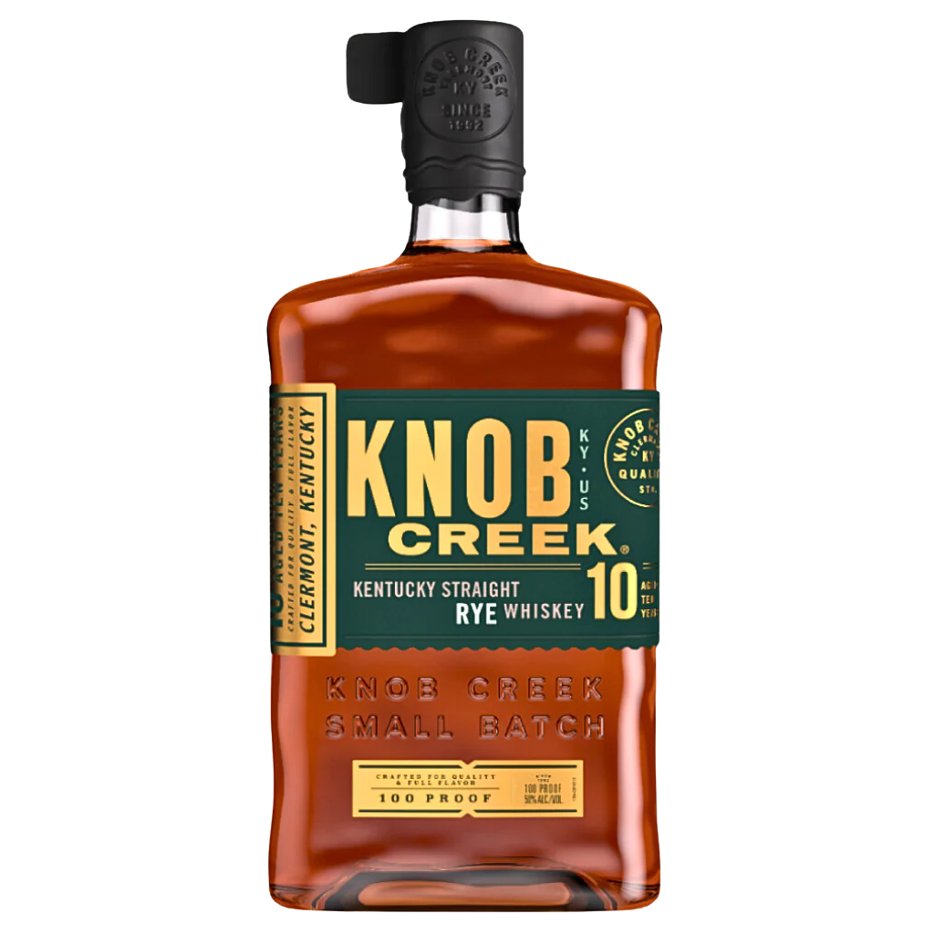 KNOB CREEK 10 YEARS RYE 750 ML premium aged rye whiskey bottle with label and amber color liquid