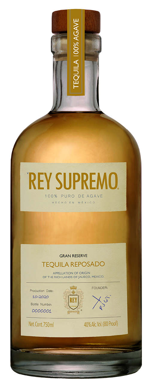 Rey Supremo Reposado 750 ml premium aged tequila bottle with golden color and elegant label