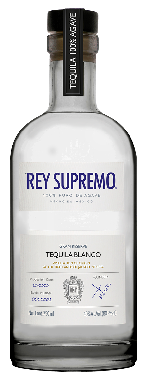 Rey Supremo Tequila Blanco 750 ml bottle premium 100% agave tequila clear glass sleek design