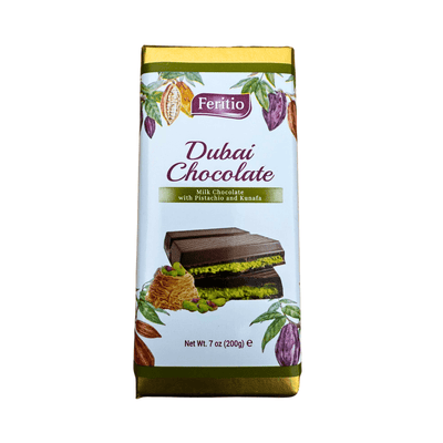 Packaging of Feritio Dubai Chocolate Bars showing the chocolate bars with pistachio, premium milk chocolate, and kataifi shredded phyllo dough.