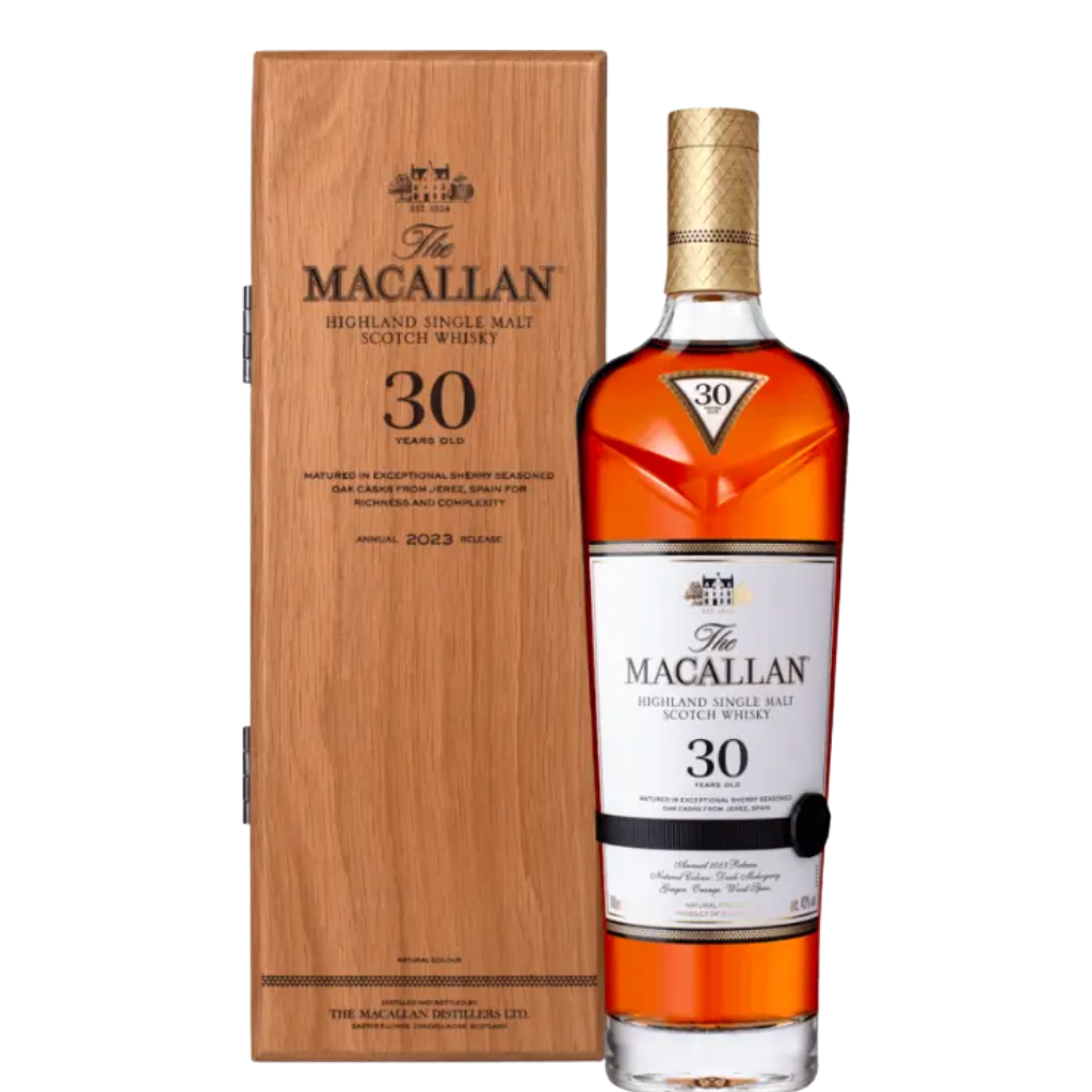 The Macallan Sherry Oak 30 Years Old 2023 Release single malt Scotch whisky bottle with rich amber color in premium packaging
