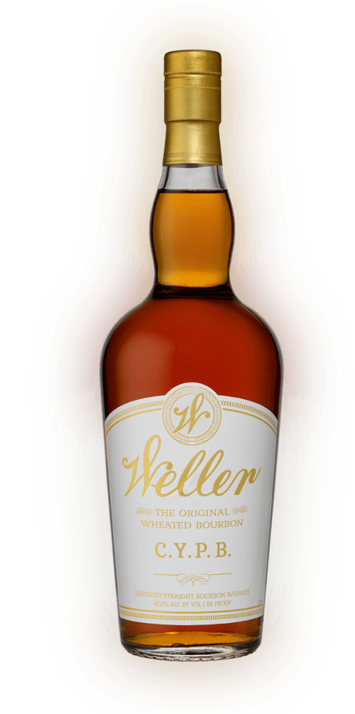 A bottle of W.L. WELLER C.Y.P.B. Kentucky Straight Bourbon Whiskey with a white and gold label.